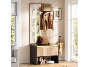 Meuble d'entrée avec miroir, porte-manteaux, banc à chaussures et 2 tiroirs en panneau de particules noir et naturel