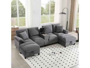 Canapé d'angle droit fixe <strong></strong> <strong></strong> 4 places Tissu gris avec coffre de rangement