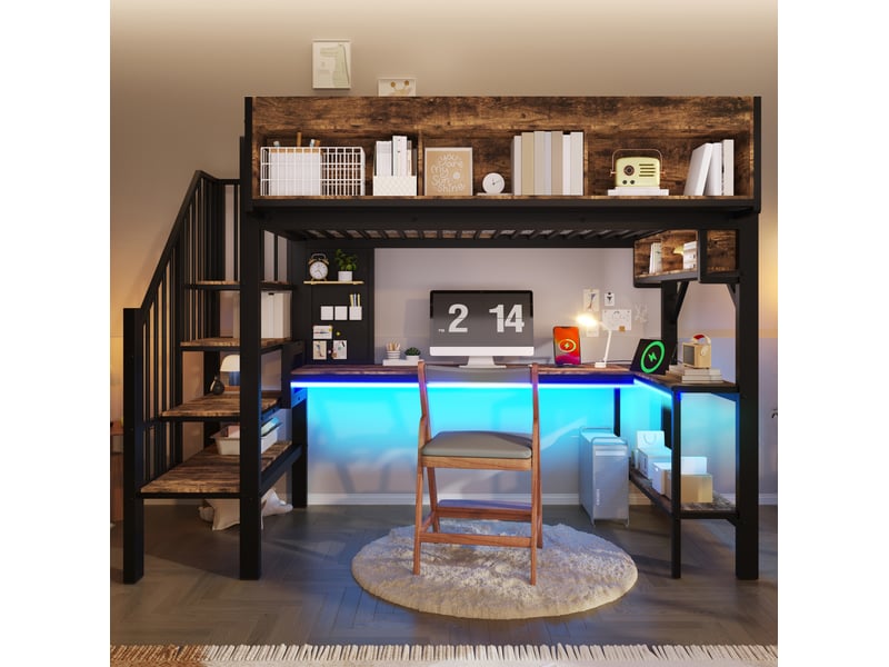  Lit mezzanine enfant 90x200 cm avec bureau d’angle, rangements, led, brun noir  - Conforama B