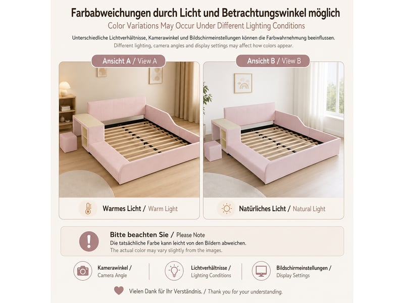  Lit enfant rembourré avec bureau, tabouret et tablette, rose, 140 × 200 cm  - Conforama B