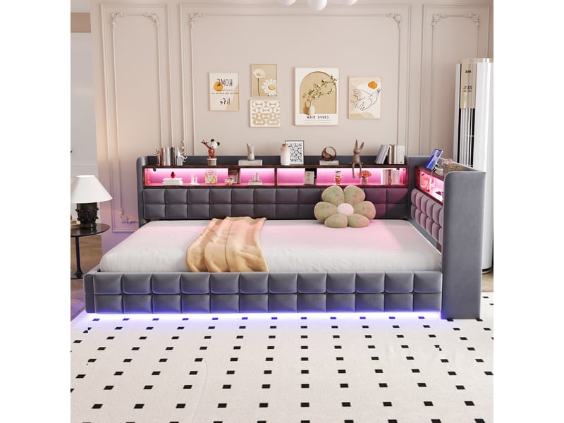  Lit coffre hydraulique 90x200 cm avec étagères, led et prises usb-c, velours gris foncé, sans matelas  - Conforama W
