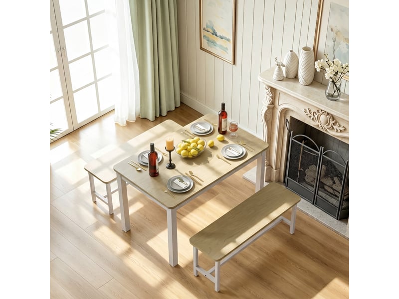  Ensemble table à manger 3 pièces 110x60x76 cm - table avec 2 bancs encastrables – mdf et acier – blanc et naturel  - Conforama D
