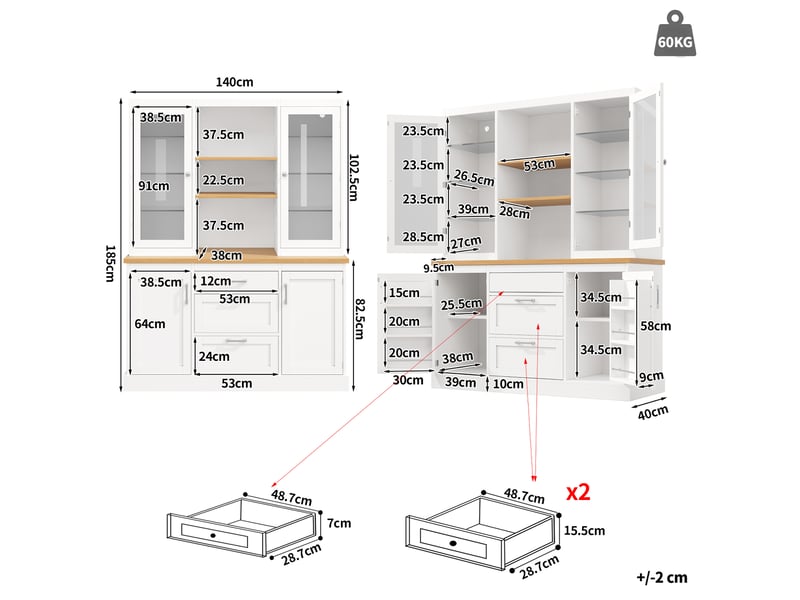  Buffet de cuisine moderne 140x40x185cm, 3 tiroirs et 4 portes, meuble de rangement avec éclairage led, plateau de travail, mdf blanc  - Conforama C