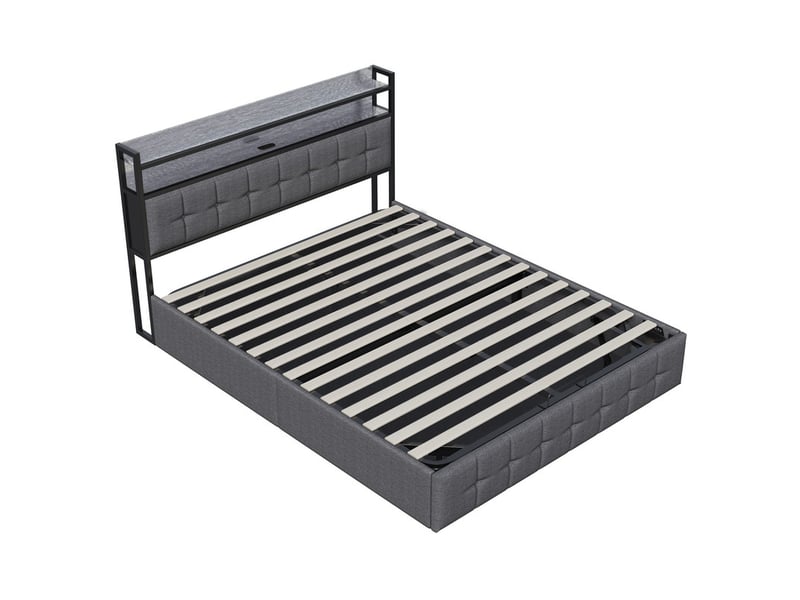 Lit coffre 2 places 140x200 cm, lit adulte avec rangement, led, port usb, tissu en fond, lin gris - Conforama A