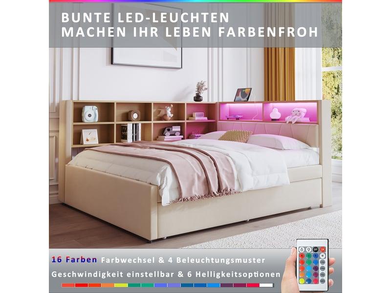  Lit banquette rembourré 140x200 cm avec lit gigogne 90x190 cm, rangements, led, usb, usb-c et prise électrique, sommier à 24 lattes, flanelle beige Radiant Stride - Conforama E
