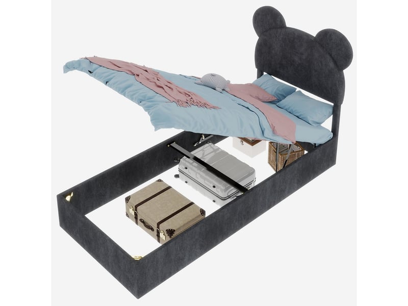  Lit coffre 90x200cm tête de lit ours - lit rembourré - tissu gris, sommier relevable, grand rangement, sans matelas  - Conforama A