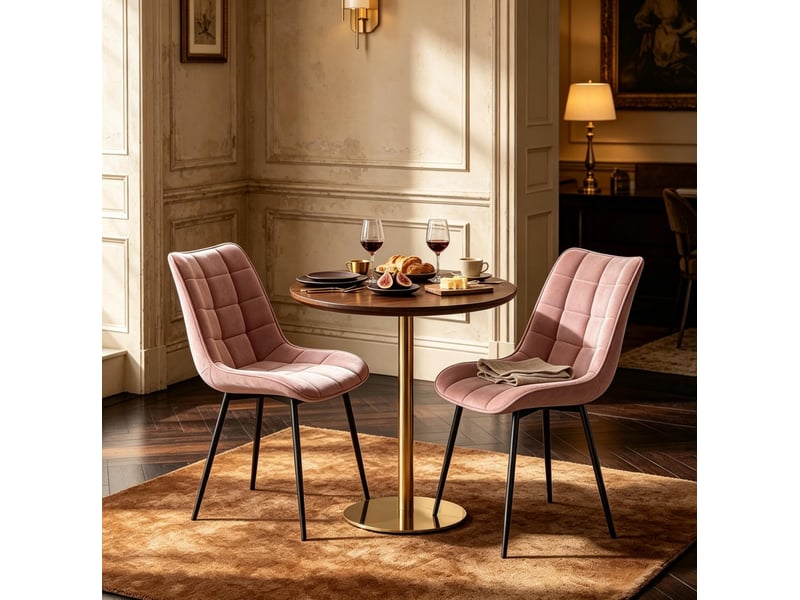 Lot de 2 chaises de salle à manger en velours rose, pieds en métal noir, confort rembourré pour votre intérieur - Conforama E