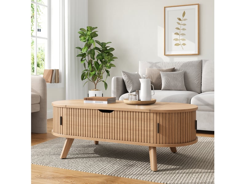  Table basse relevable ovale 110x50x53,5 cm, plateau relevable, grand rangement, 2 portes coulissantes, mdf naturel  - Conforama D