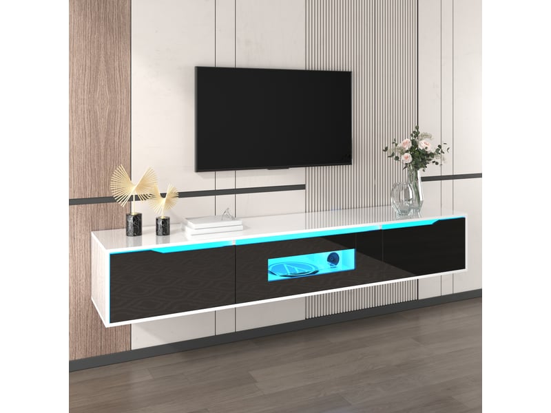 Meuble tv 180 x 35 x 30 cm, avec éclairage led, 3 compartiments à abattants et ouverture centrale, en panneaux de particules, blanc et noir brillant Luxe haut de gamme - Conforama W