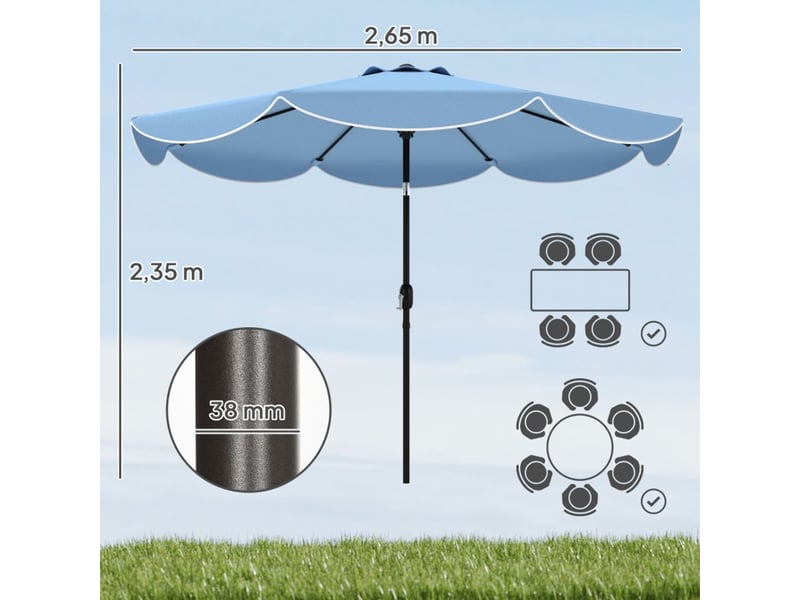 Parasol inclinable 265 x 235 cm inclinaison à 3 positions manivelle 8 baleines bleu ciel  - Conforama C