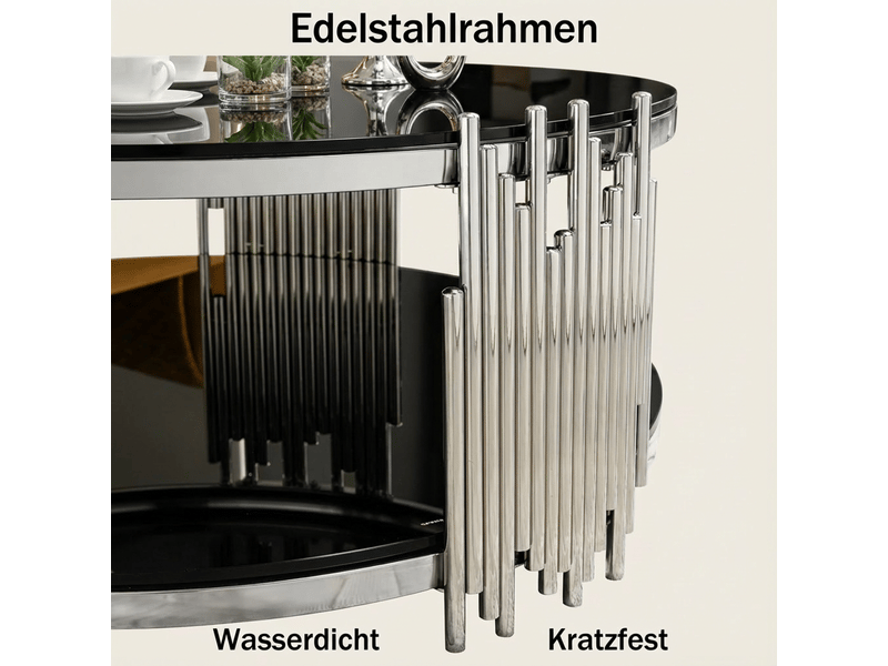  Table basse plateau en verre noir double plateau en verre base en acier argenté forme ronde moderne  - Conforama D