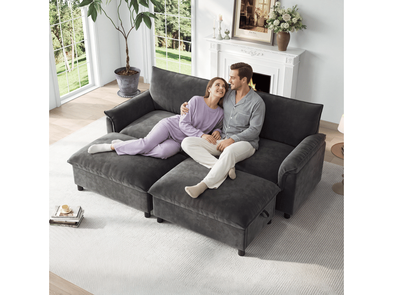  Canapé modulable gris 4 places avec 2 poufs de rangement - tissu chenille  - Conforama B