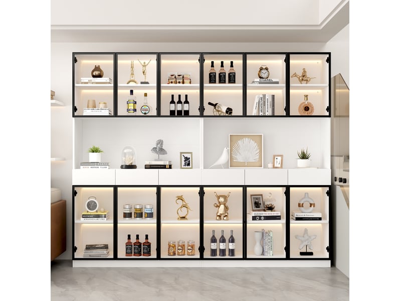  Vitrine haute blanche à cadre de porte noir avec led, 120 x 36 x 200 cm  - Conforama B