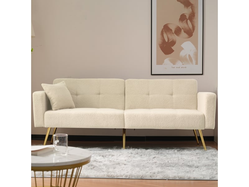 Canapé convertible bouclette beige, canapé lit 2 places avec dossier inclinable et pieds dorés, canapé beige 175 cm. - Conforama E