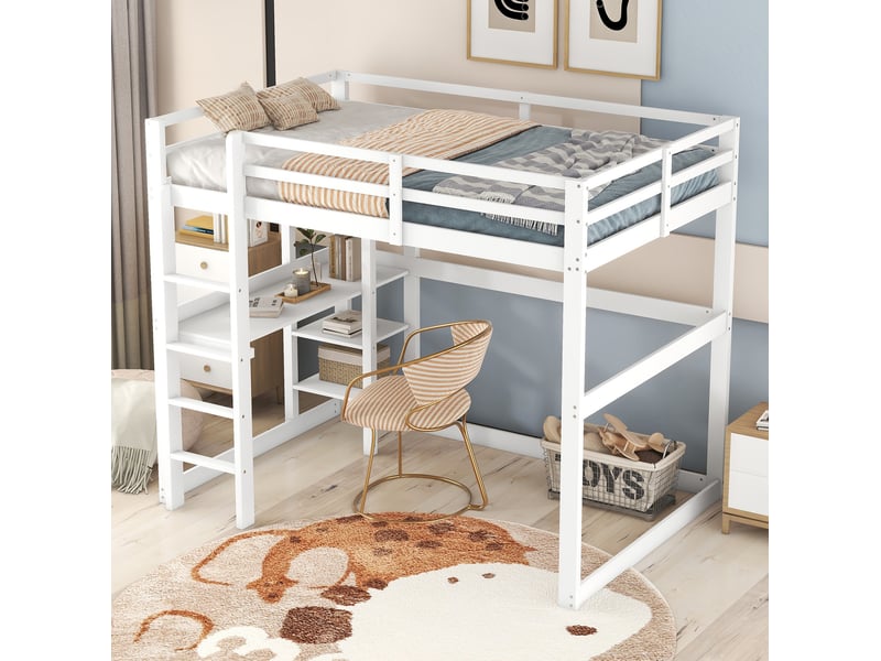  Lit mezzanine 140x200 cm avec bureau et 4 niches coloris blanc  - Conforama B