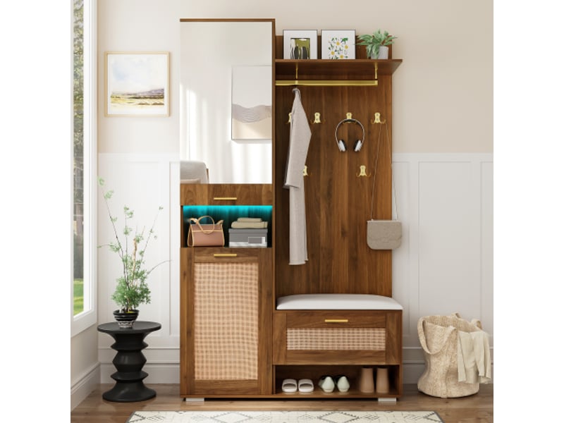  Ensemble d'entrée avec miroir - penderie, 6 crochets dorés, meuble à chaussures, rangements, banc, led 16 couleurs  - Conforama B