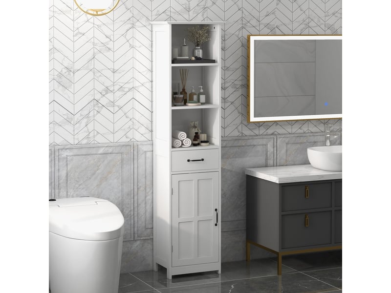  Meuble de salle de bain à trois compartiments ouverts, tiroir et étagère réglable, 40 x 30 x 164 cm, blanc  - Conforama C
