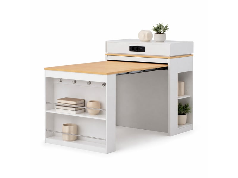  Desserte de cuisine extensible avec rangement et prises 83×46 146,5×96 cm en mdf et verre blanc  - Conforama A