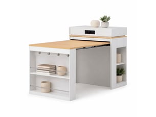 Desserte de cuisine extensible avec rangement et prises 83×46 146,5×96 cm en mdf et verre blanc