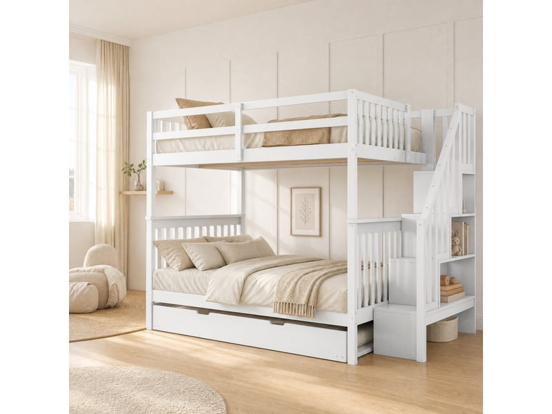 Lit superposé 140x200 cm avec lit gigogne et escalier à étagères, pin et mdf, blanc - Conforama C