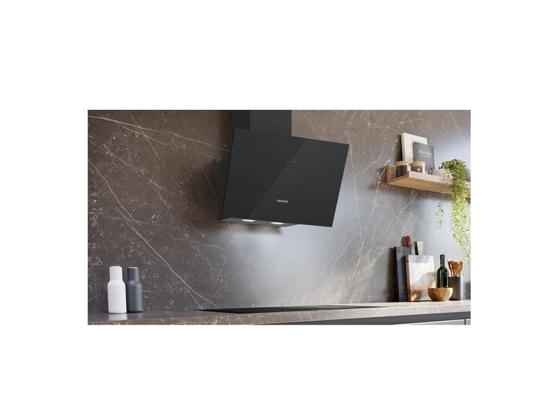  Siemens - hotte décorative. 60 cm. Iq300. Noir. 3 niveaux. Evacuationrecyclage. Evac. Air mode normal max mode intensif : 560 m3h. 63 db. Touchcontrol. Led 2x2.5w. Classe énergie b  lc65kdf61 - LC65KDF61 - Conforama C