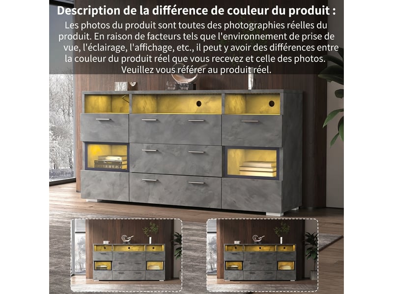 Buffet moderne gris 140 cm avec éclairage led et portes en acrylique transparent - 3 tiroirs 2 portes - Conforama D
