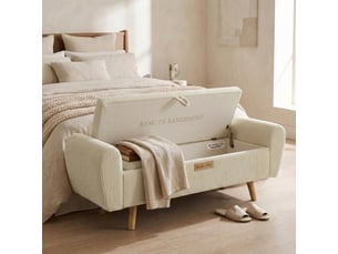Banc coffre beige 150 cm avec accoudoirs enroulés, rangement bout de lit