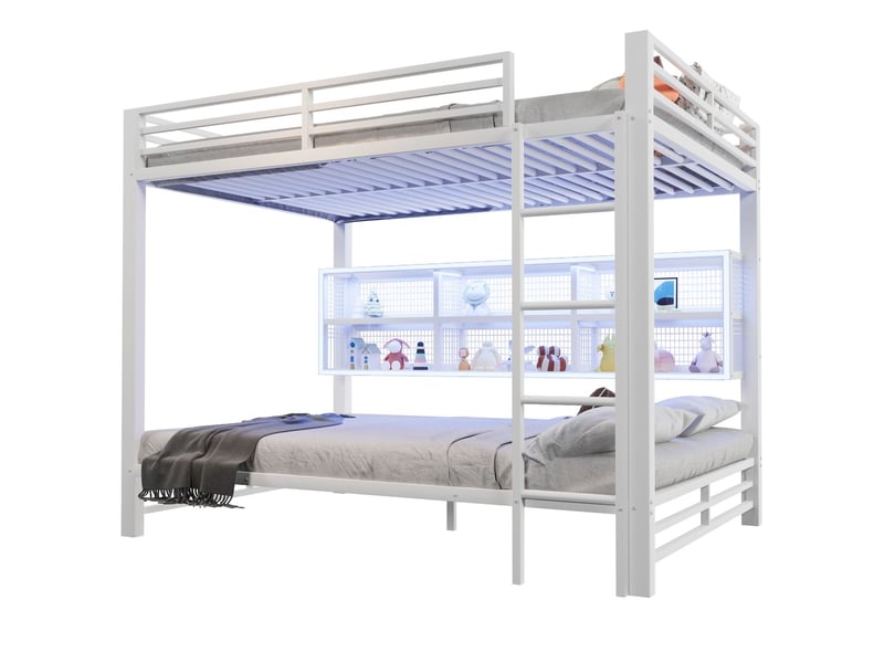  Lit superposé 140x200cm avec éclairage led et 6 casiers de rangement - lit double - cadre en métal blanc robuste, barrière sécurité  - Conforama E