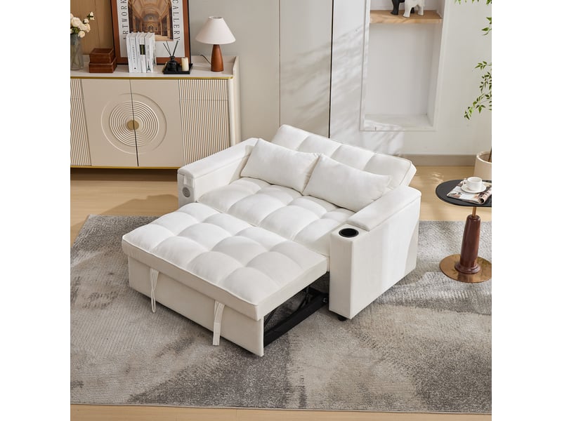  Canapé convertible, canapé-lit – 2 places, port usb, 140,5 x 74 x 82 cm, dossier réglable, porte-gobelets, beige  - Conforama D
