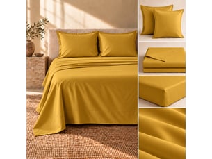Ensemble literie 4 pièces drap plat 240 x 300 cm + drap housse 140x190 cm + 2 taies 63x63 cm percale 78 fils curry
