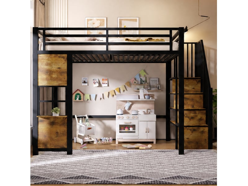 Lit mezzanine 140 × 200 cm avec échelle à rangements, espace ouvert, barrières de sécurité, chambre d’enfant noir - Conforama E