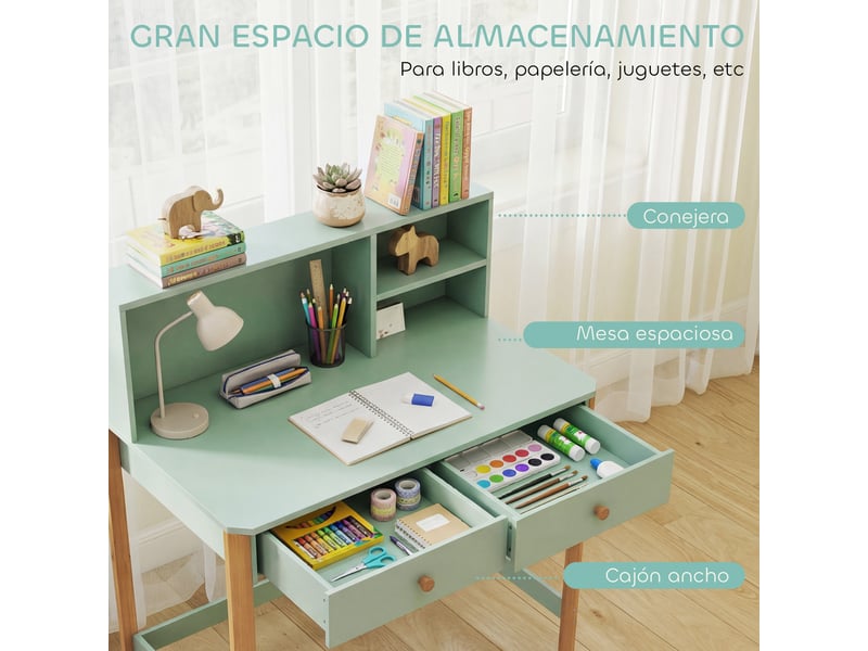  Bureau enfant, table de bureau avec 3 compartiments ouverts et 2 tiroirs, 90 x 52 x 105 cm, vert  - Conforama E