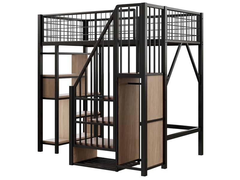  Lit mezzanine 200×90 cm avec escalier de rangement, étagères et espace ouvert sous le couchage, en métal et bois noir  - Conforama E