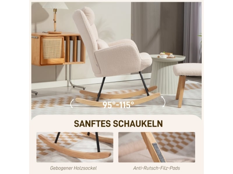  Fauteuil à bascule beige avec repose-pieds, tissu polaire doux, coussin et dossier haut  - Conforama D