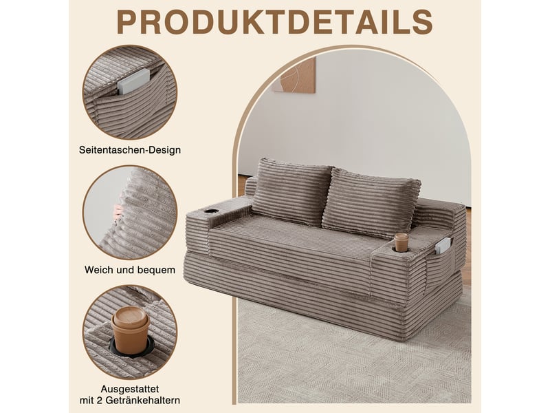 Canapé convertible 2-en-1 en velours côtelé 2 places, 2 coussins inclus, porte-gobelets, rangements latéraux - Conforama R