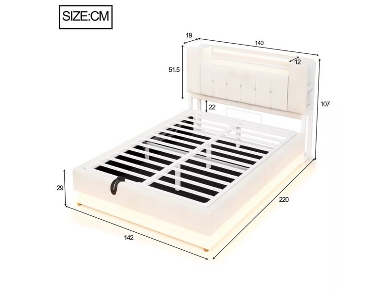  Lit coffre 2 places 140x200 cm en velours beige avec led, usb et rangement hydraulique, sans matelas  - Conforama C