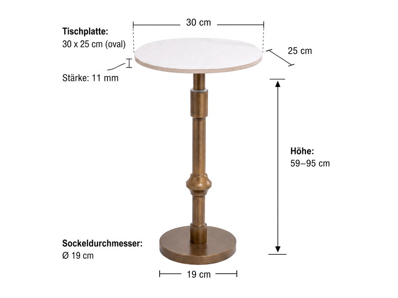  Table d'appoint plateau ovale réglable en hauteur 30x25x95 cm, pour salon, meuble de salon, pratique, en métal, blanc  - Conforama C