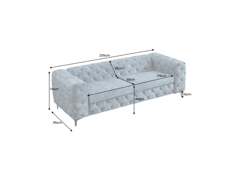  Canapé droit velena 3 places en velours capitonné – bleu – 235 x 74 x 95 cm  - Conforama C