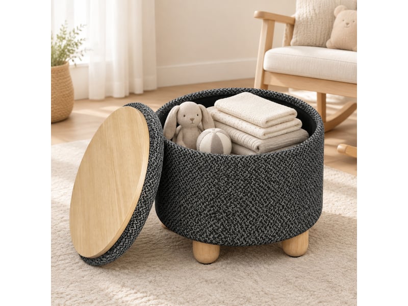 Pouf rond avec rangement et plateau réversible en lin gris foncé - Conforama B