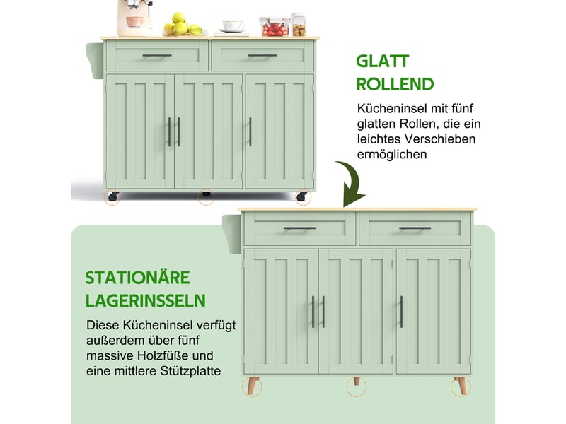  Îlot de cuisine mobile 129 × 46(71) × 91,5 cm vert, mdf, plateau rabattable en bois massif, tiroirs et roulettes  - Conforama C