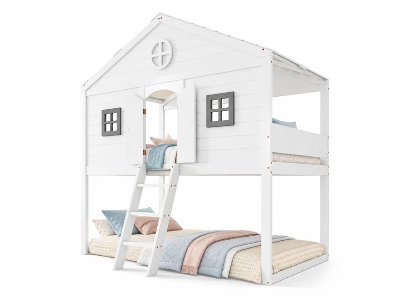  Lit mezzanine 90x200cm, sommier, escalier intégré, porte, lit cabane, 2 fenêtres, en bois+mdf blanc, sans matelas  - Conforama A