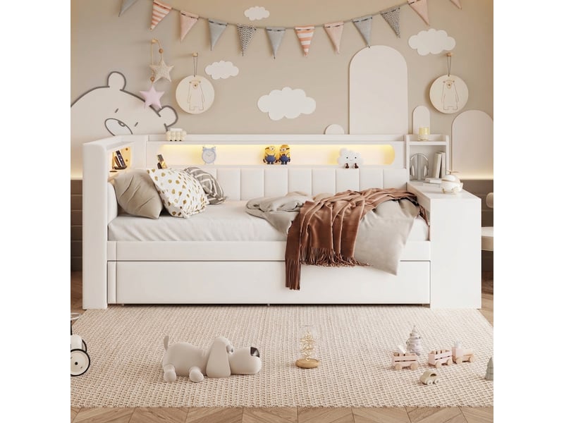  Lit banquette 90x200 avec bureau et lit gigogne, ports usb et led, lit capitonné blanc  - Conforama B