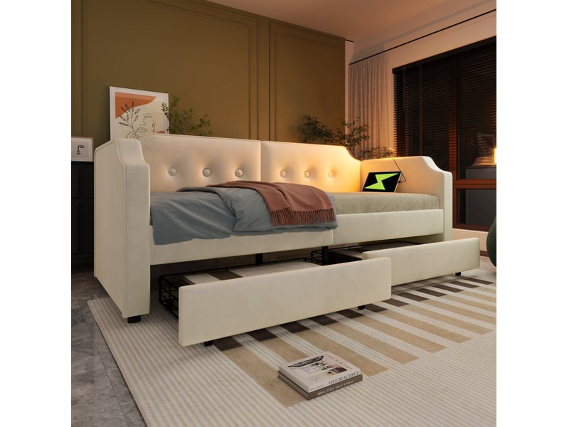  Modenvie lit de jour 90x200 cm - avec 2 tiroirs, usb-c et liseuse, sans matelas - beige  - Conforama D