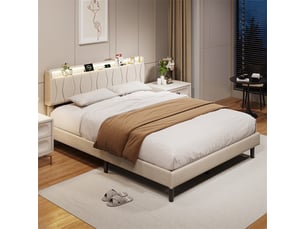 Lit 140x200cm - lit double 140x200cm - lit rembourré en tissu lin avec tête de lit à étagère, led rgb et usb - beige