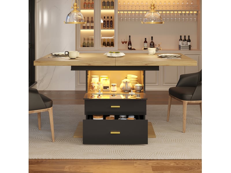 Table à manger extensible 140x80x75 cm - mdf bois + métal - 6 personnes - led éclairage intégré - 2 tiroirs - Conforama B
