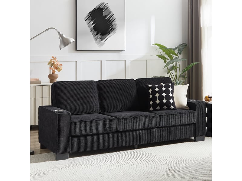  Canapé droit 3 places noir tissu côtelé avec rangement intégré et porte-gobelets design salon moderne  - Conforama B