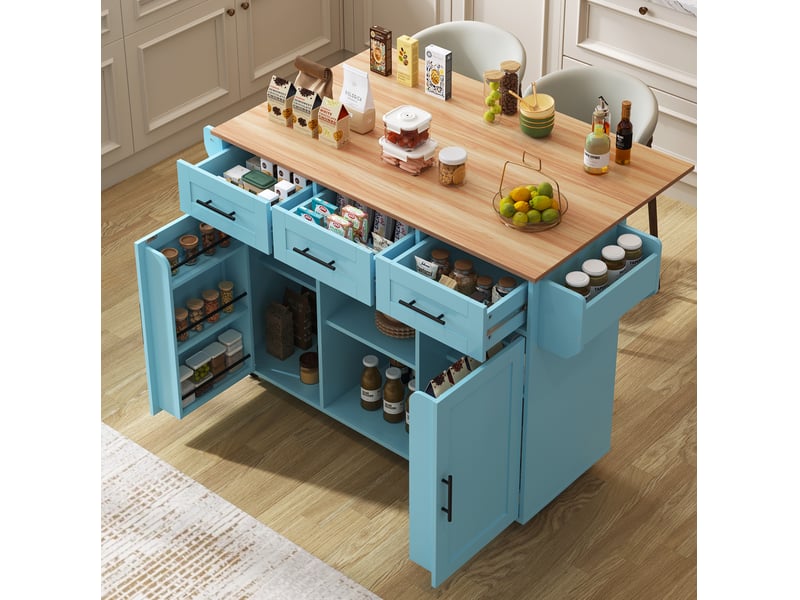  Desserte de cuisine bleue 139 x 46(71) x 91,5 cm, plateau rabattable et roulettes  - Conforama B