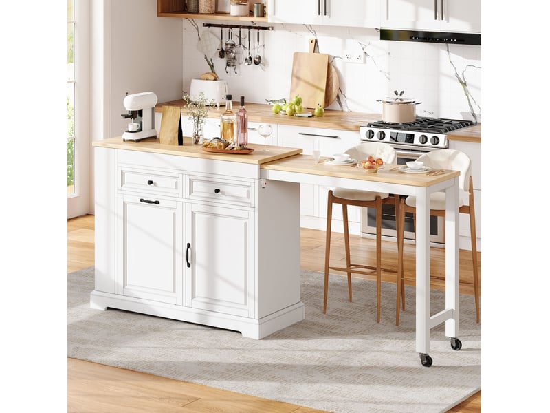 Îlot de cuisine mobile avec plateau latéral extensible, rangements, tiroirs et emplacement pour poubelle - Conforama B
