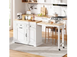 Îlot de cuisine mobile avec plateau latéral extensible, rangements, tiroirs et emplacement pour poubelle