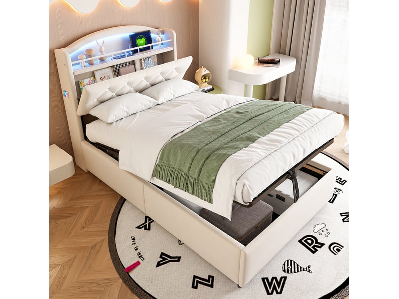 Lit enfant coffre 90x200 cm avec led, usb et usb-c en tissu beige - Conforama D